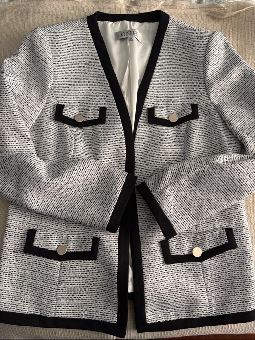 Kasper Black & White Tweed-Effect Open Front Jacket